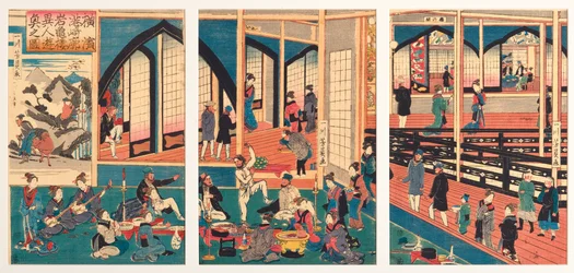 Buitenlanders vermaakt bij Gankiro in Miyosaki in Yokohama, januari 1861 (houtsnede)
